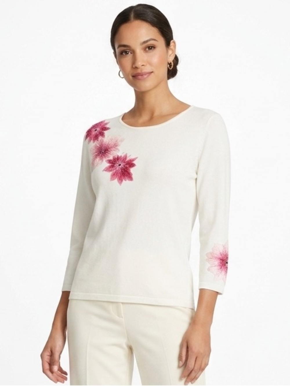 JONES NEW YORK Ivory Sweater Pink Embellished Flowers EUC PS SP Petite Small $98